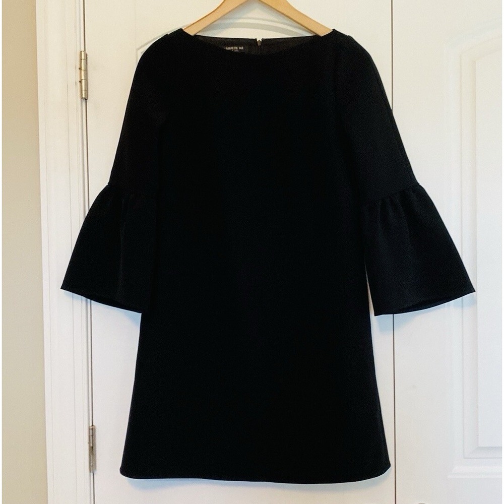 Lafayette 148 New York Cotton Bell Sleeve Boatneck Size 2 Black Dress‎ EUC